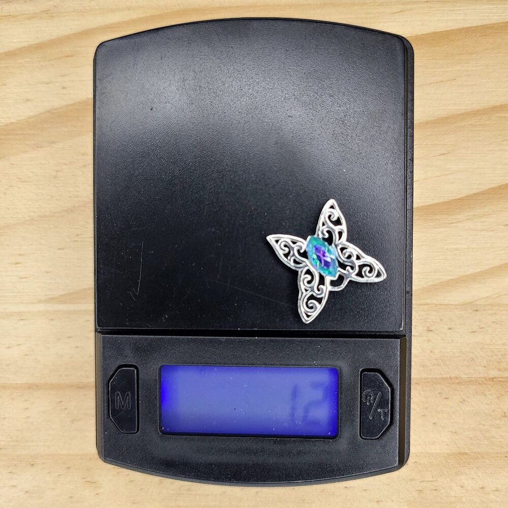 Vtg Sterling Silver Butterfly Marquise-Cut Aurora Borealis Crystal Pendant 0.5" - Picture 7 of 7